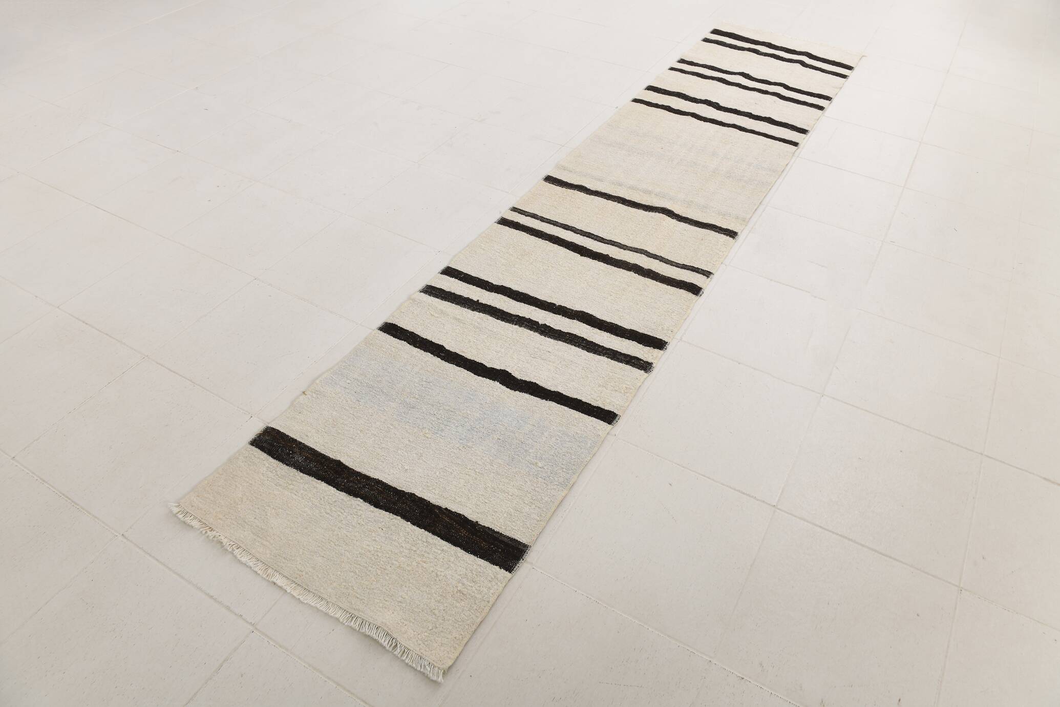 Beige & Black Striped Pattern Vintage Kilim Rug, 74x351 Cm