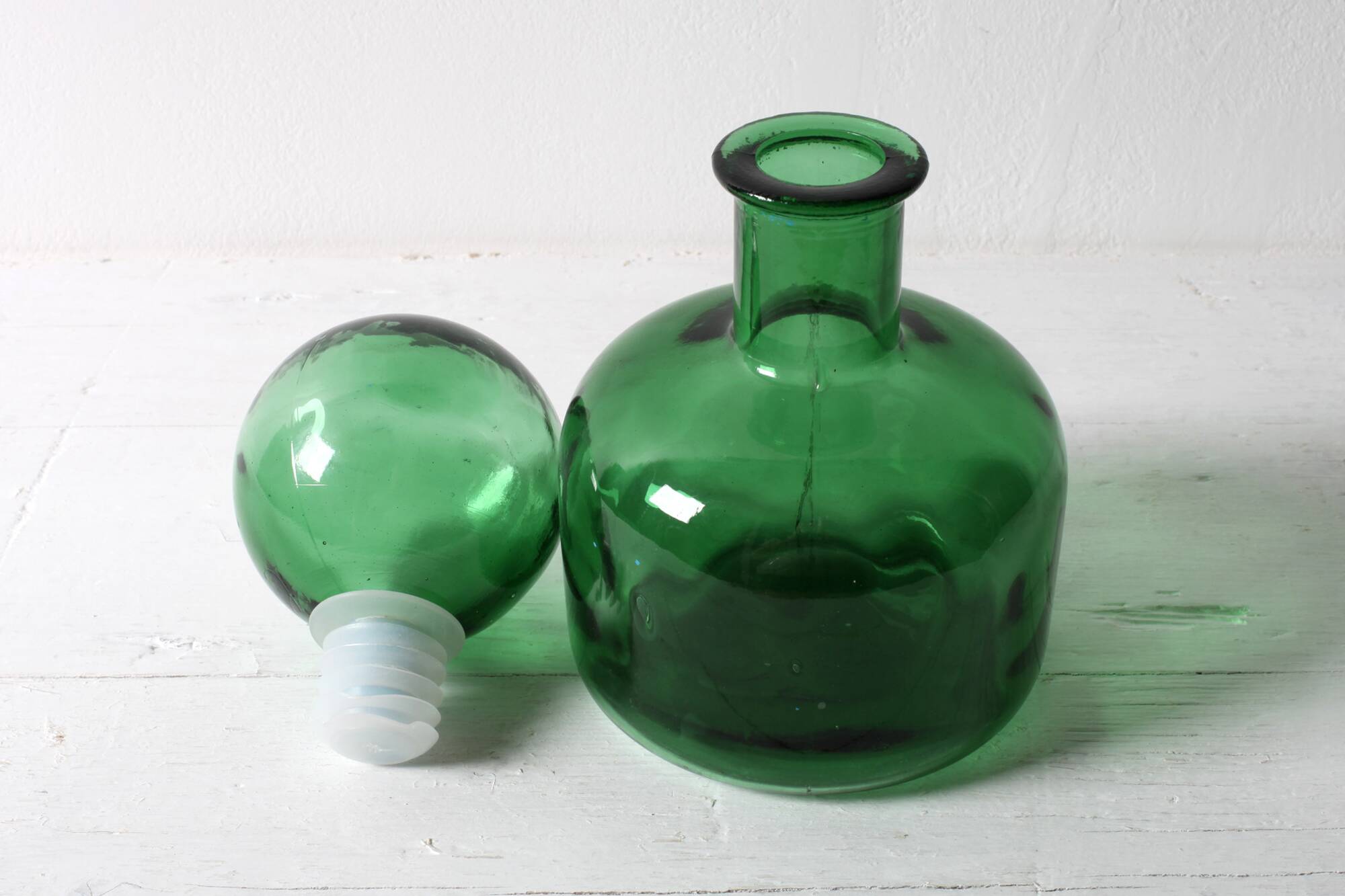Emerald Green Glass Decanter / Genie Bottle with Stopper / Empoli / 1960s