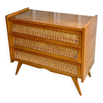 Scandinavian chest of drawers in oak and rattan from the 50s/60s.