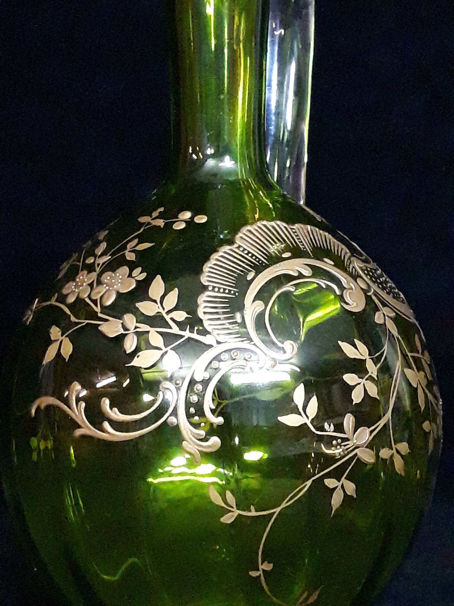 Small carafe and green glass drop glasses with rococo golden emailed decor