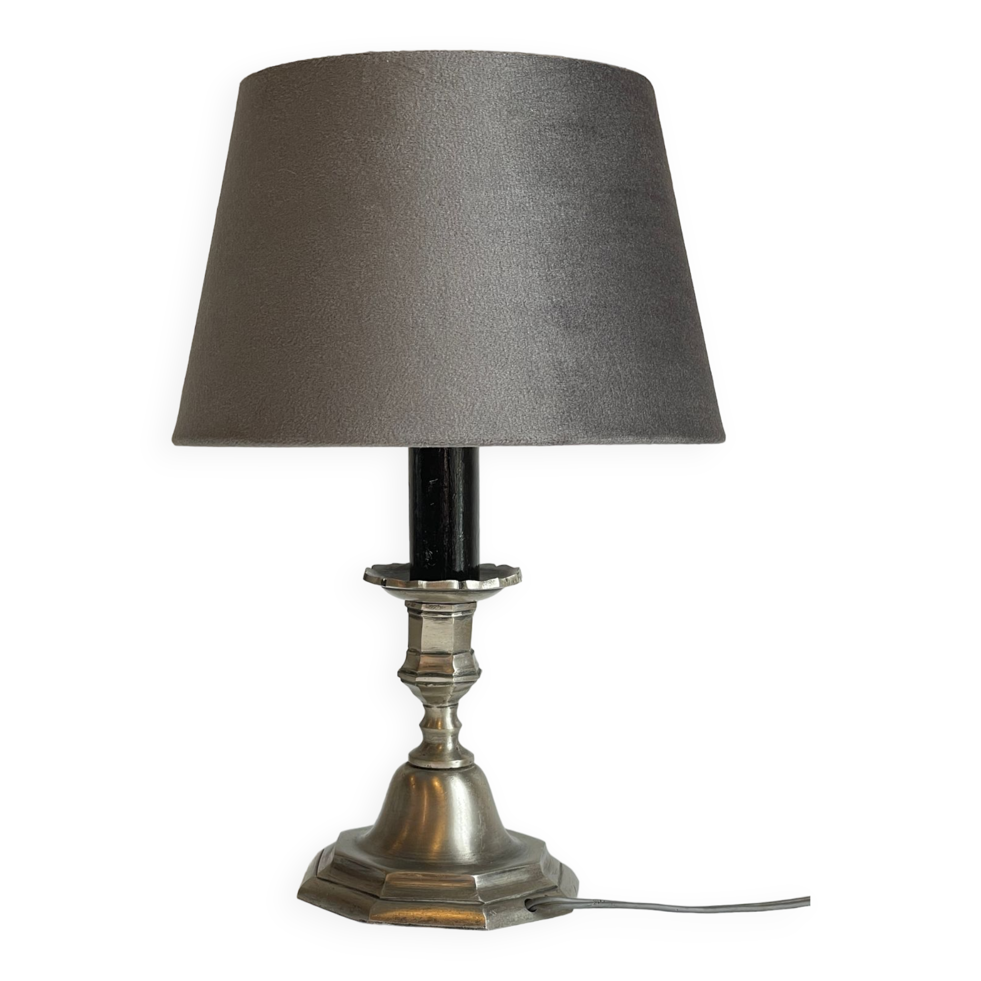 Steel candlestick lamp and grey velvet