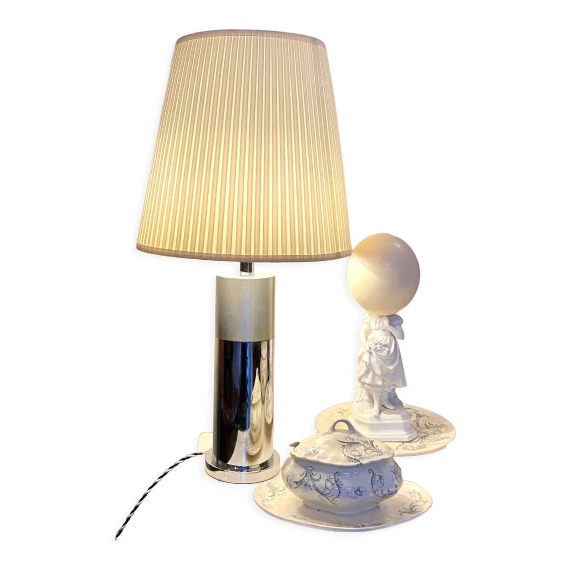 Table lamp in beige pleated cotton and chrome aluminum