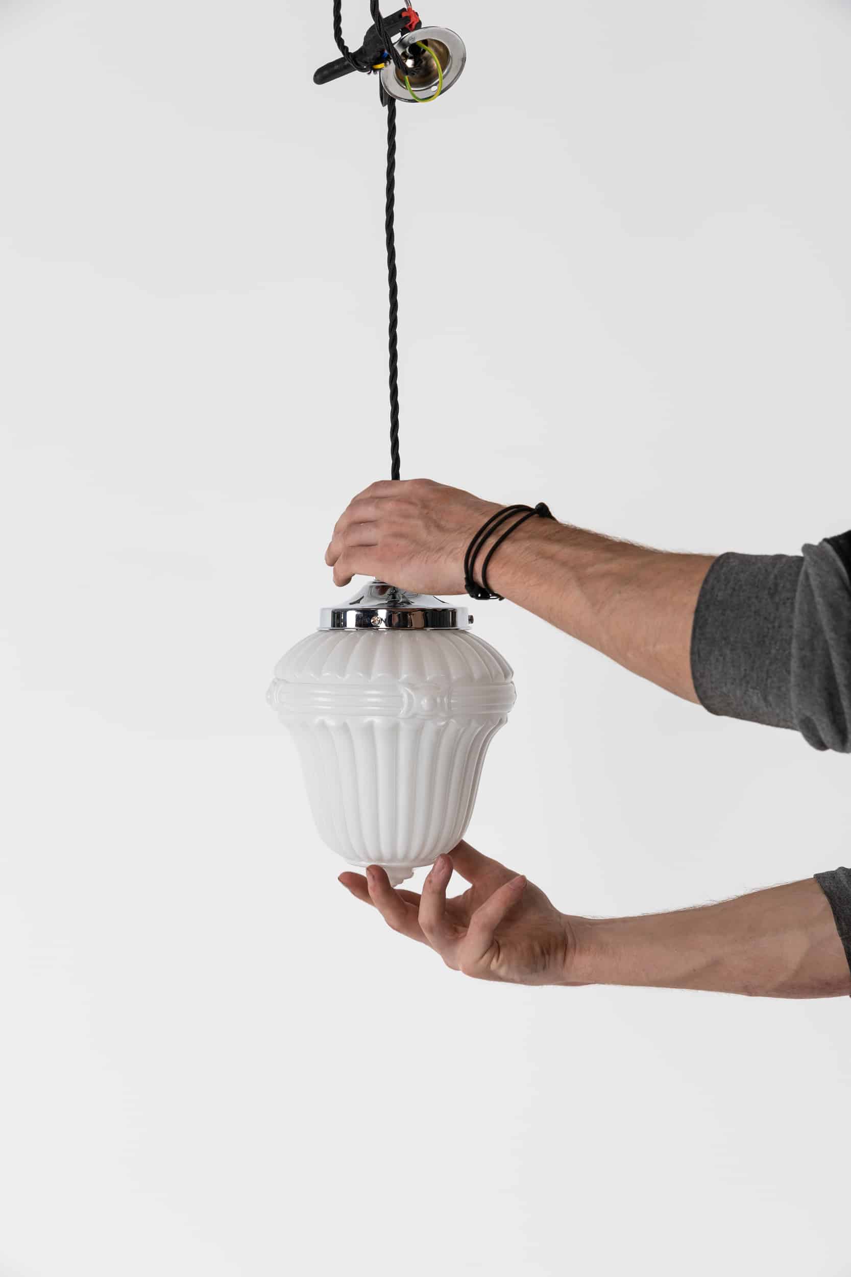 Ornate moulded art deco opaline pendant lamp