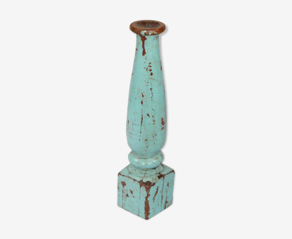Bougeoir haut bois vieux teck patine bleue d'origine ancien pied de charpoy lit indien