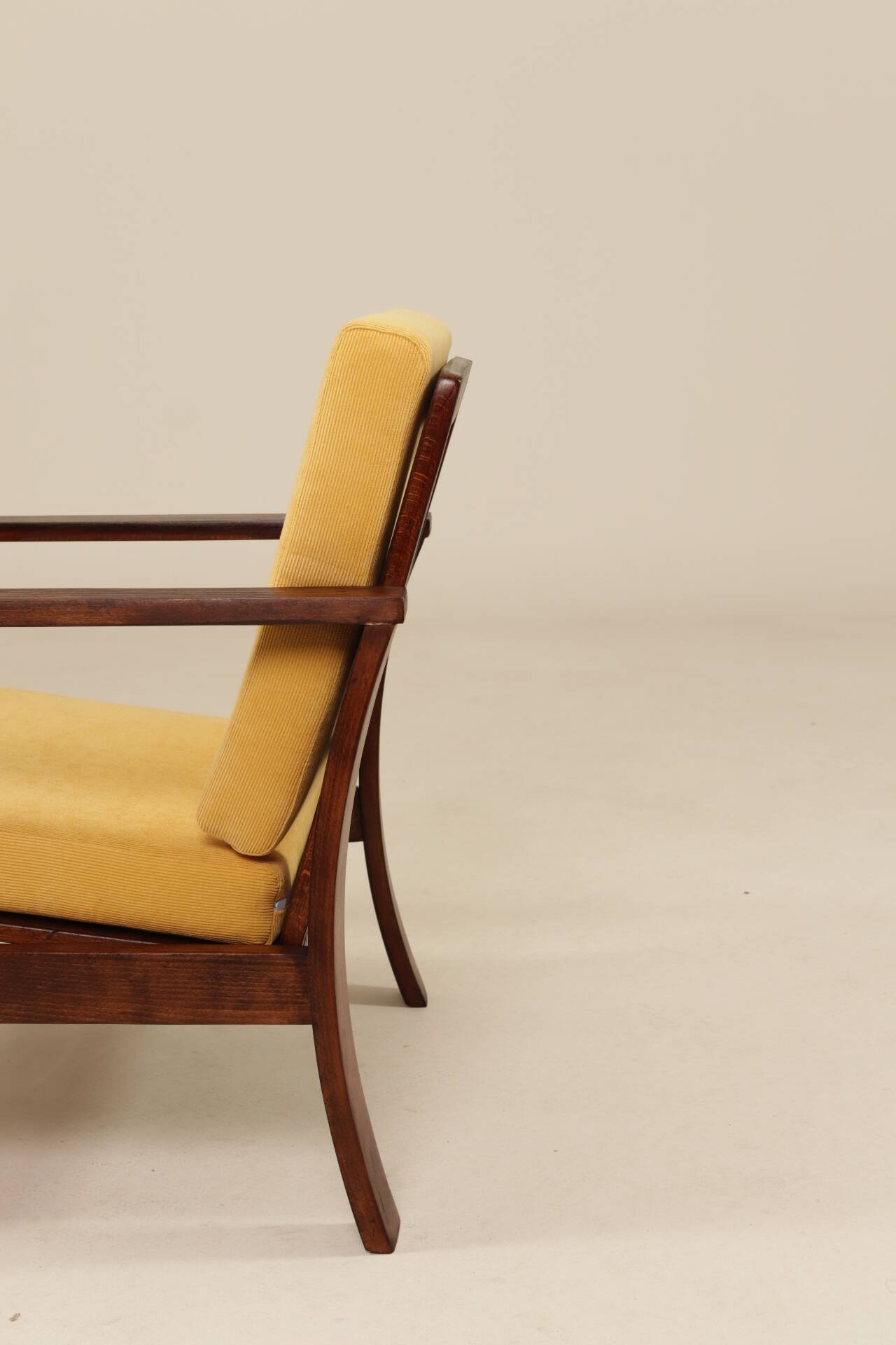 Pair of vintage curved beech armchairs, refurbished – Corduroy fabric