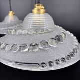 Set of 3 moulded glass pendant lights with cabochons, Art Deco style Ezan.