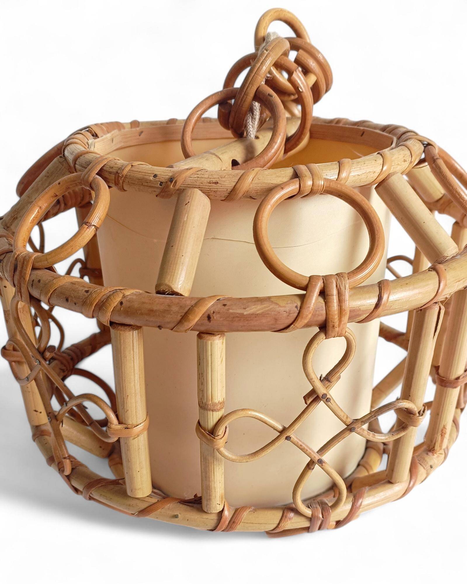 1960s Hand-Crafted Mid-Century Bamboo and Rattan Pendant Lamp, France