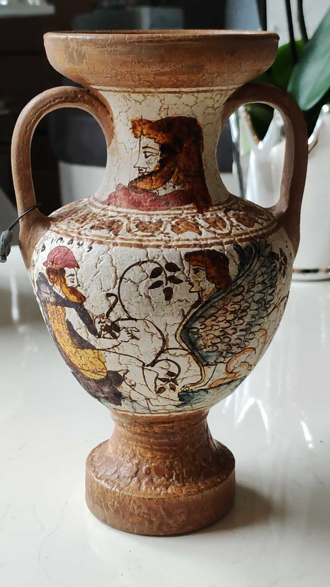 Reproduction Greek Amphora vase in terracotta, cracked effect - Greek Gods/Deities. Signed