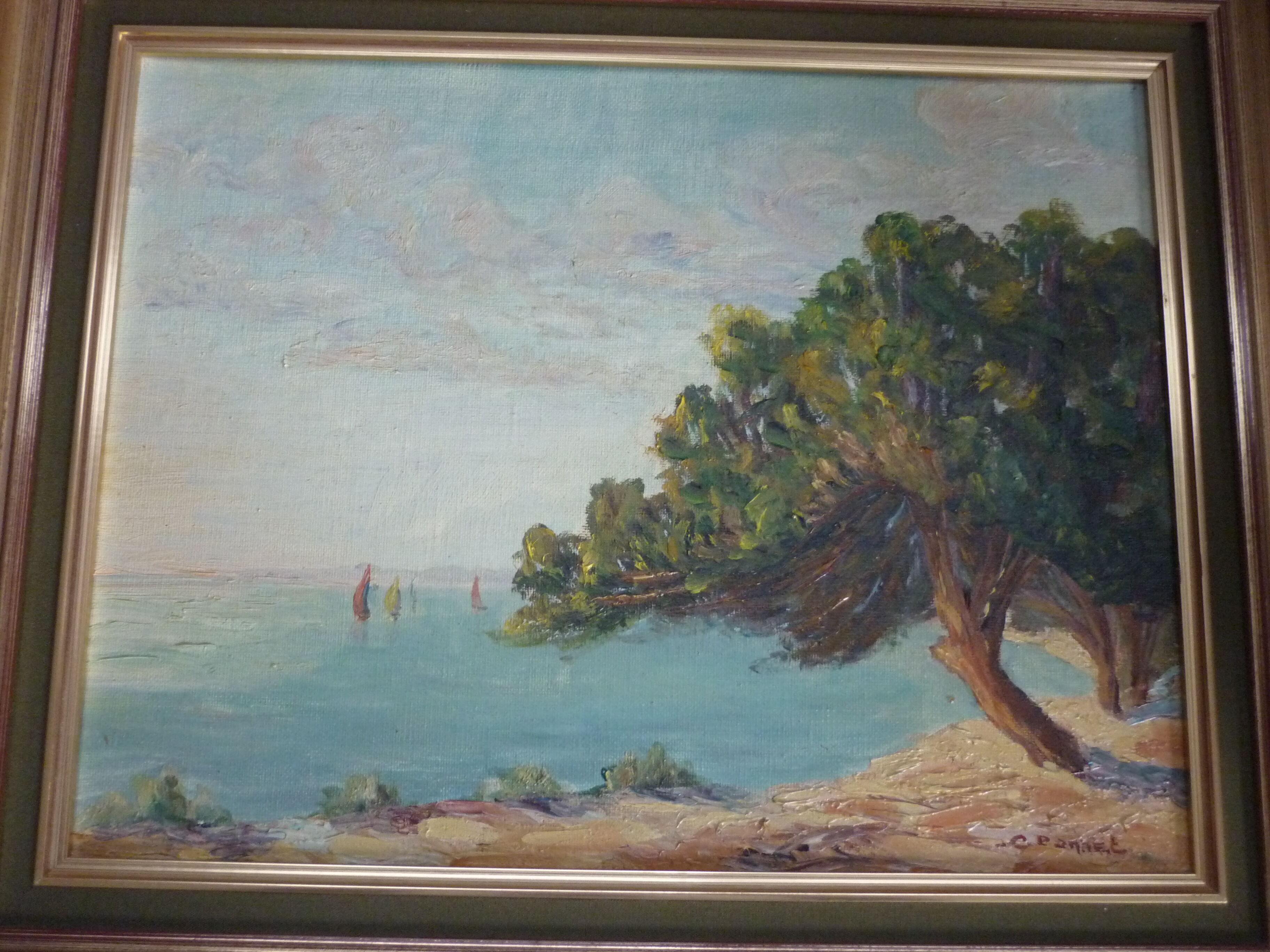 Tablau painting with seaside oil signed
