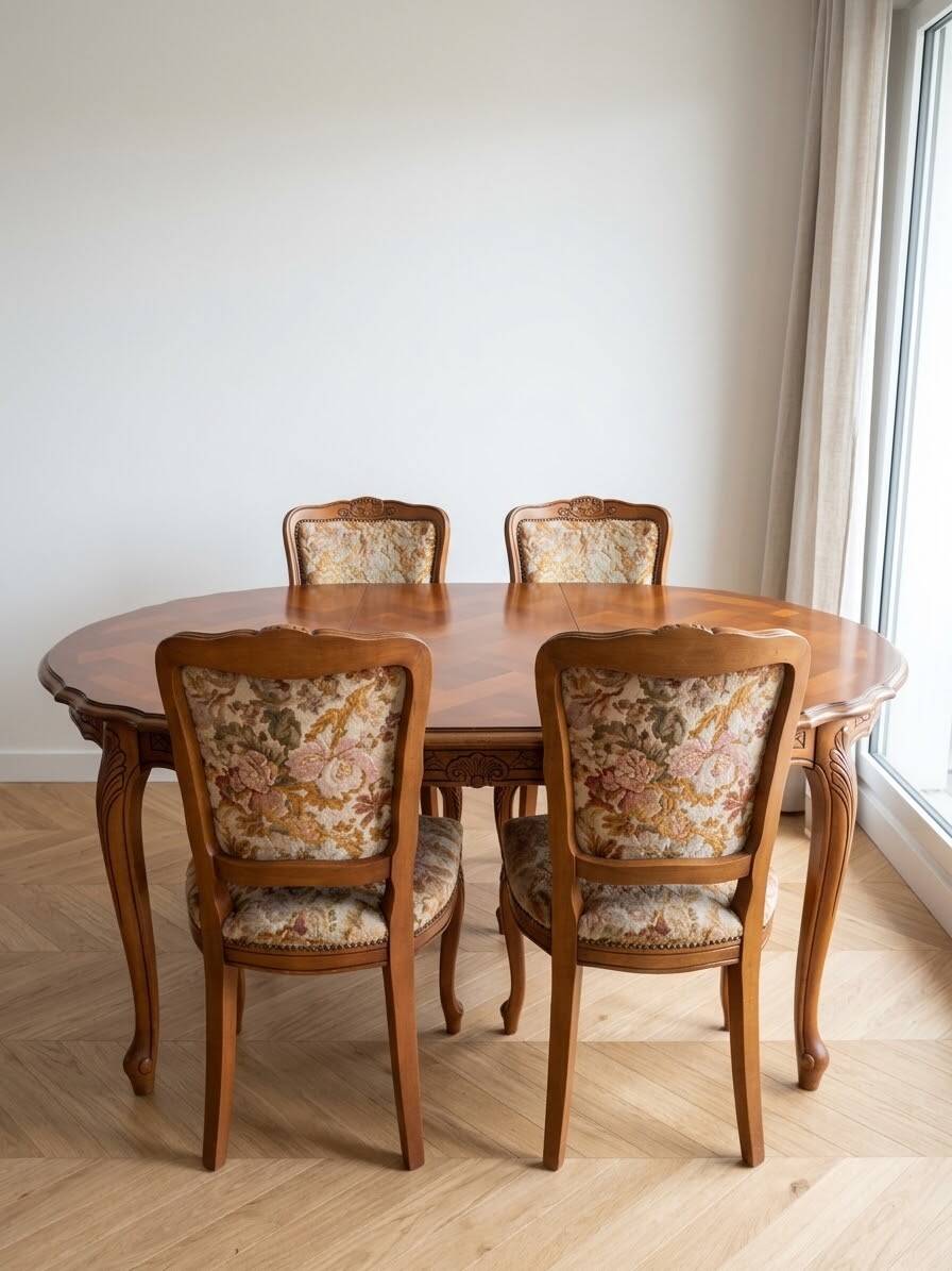 Oval table and 4 chairs in Louis XV style made of wood.
