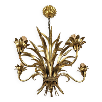 Italian Chandelier Pendant Lamp, Gilt Metal, 1970s