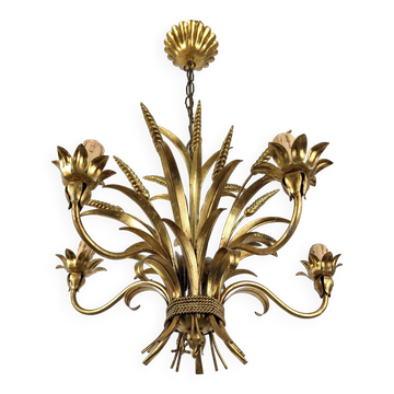 Italian Chandelier Pendant Lamp, Gilt Metal, 1970s