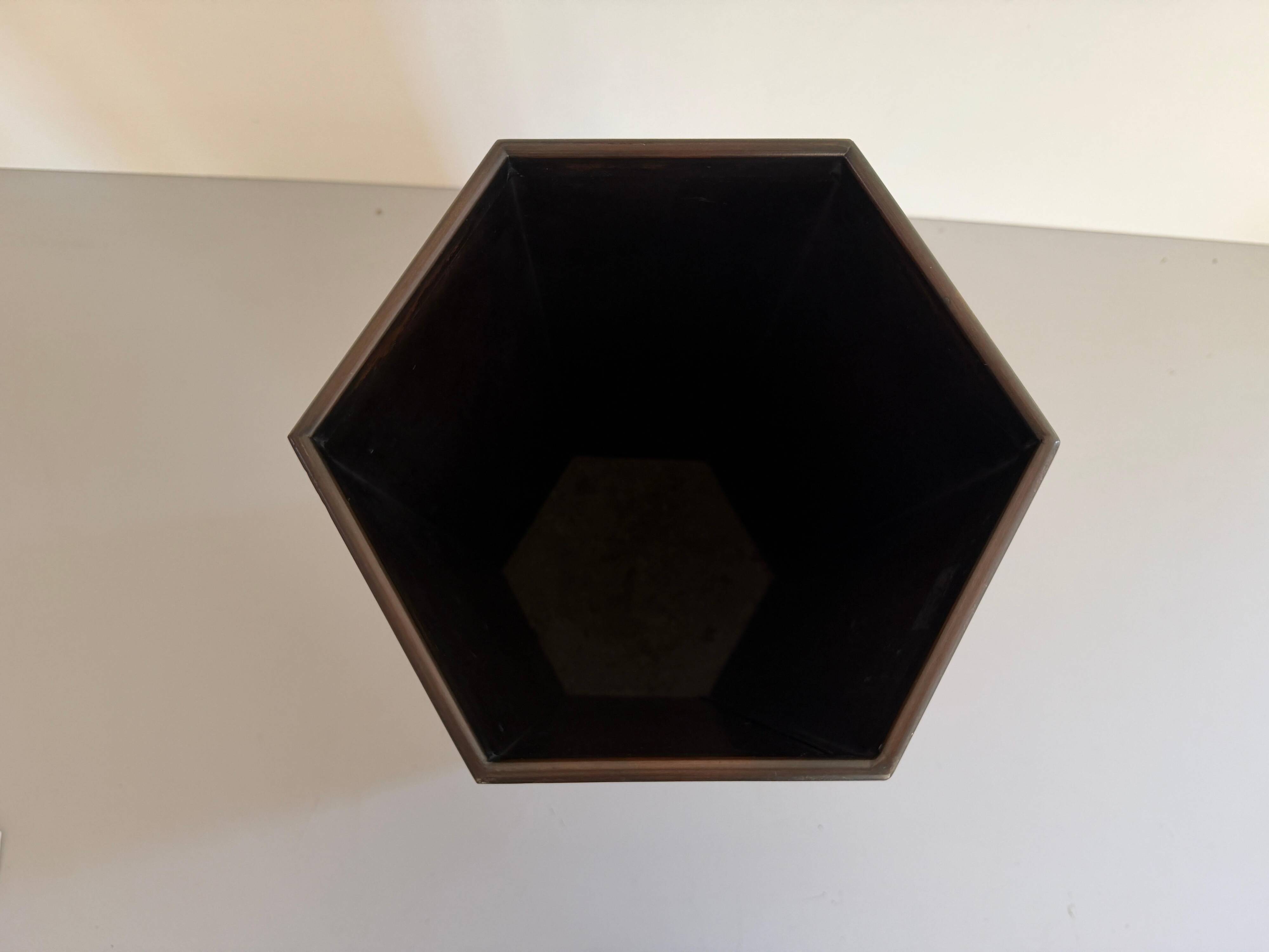 Hexagonal copper umbrella stand signed by the artist, 1960s, Italy.