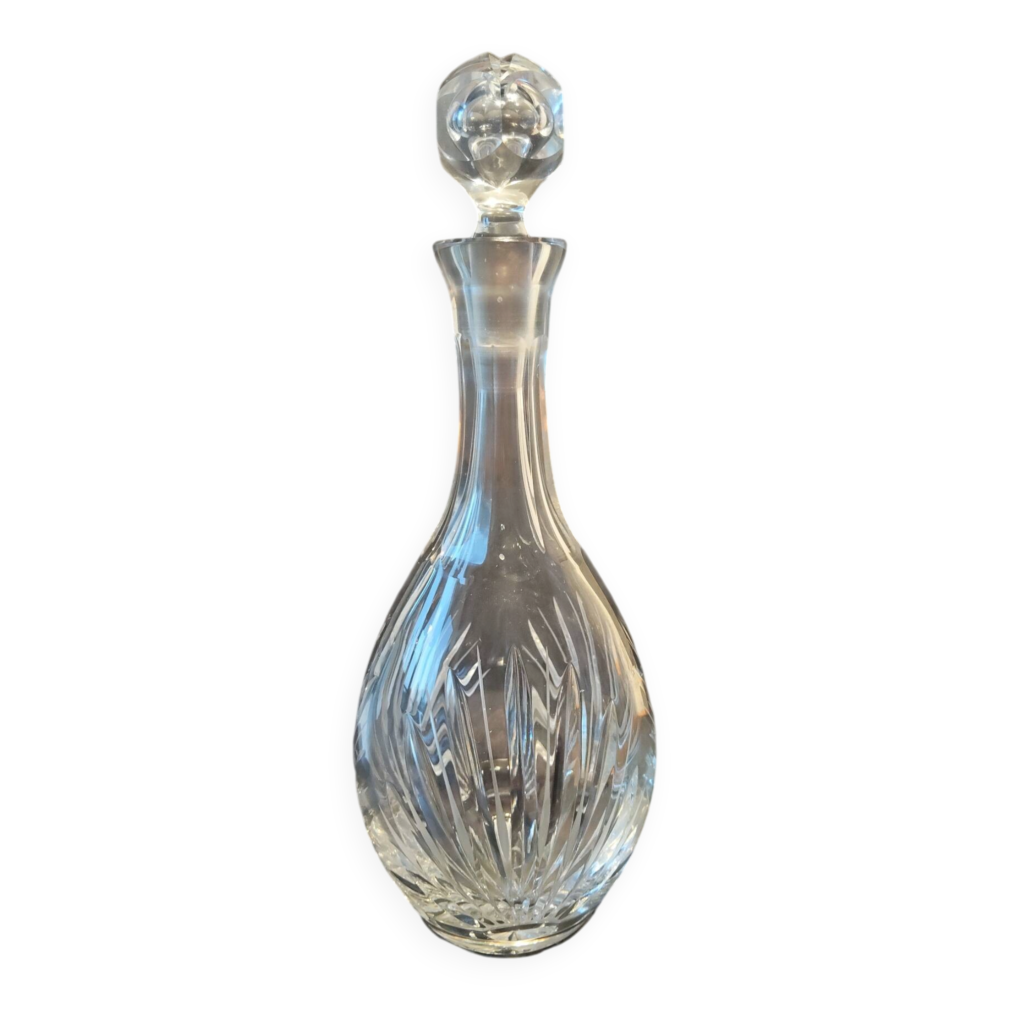 Vintage cut crystal carafe with floral stopper.