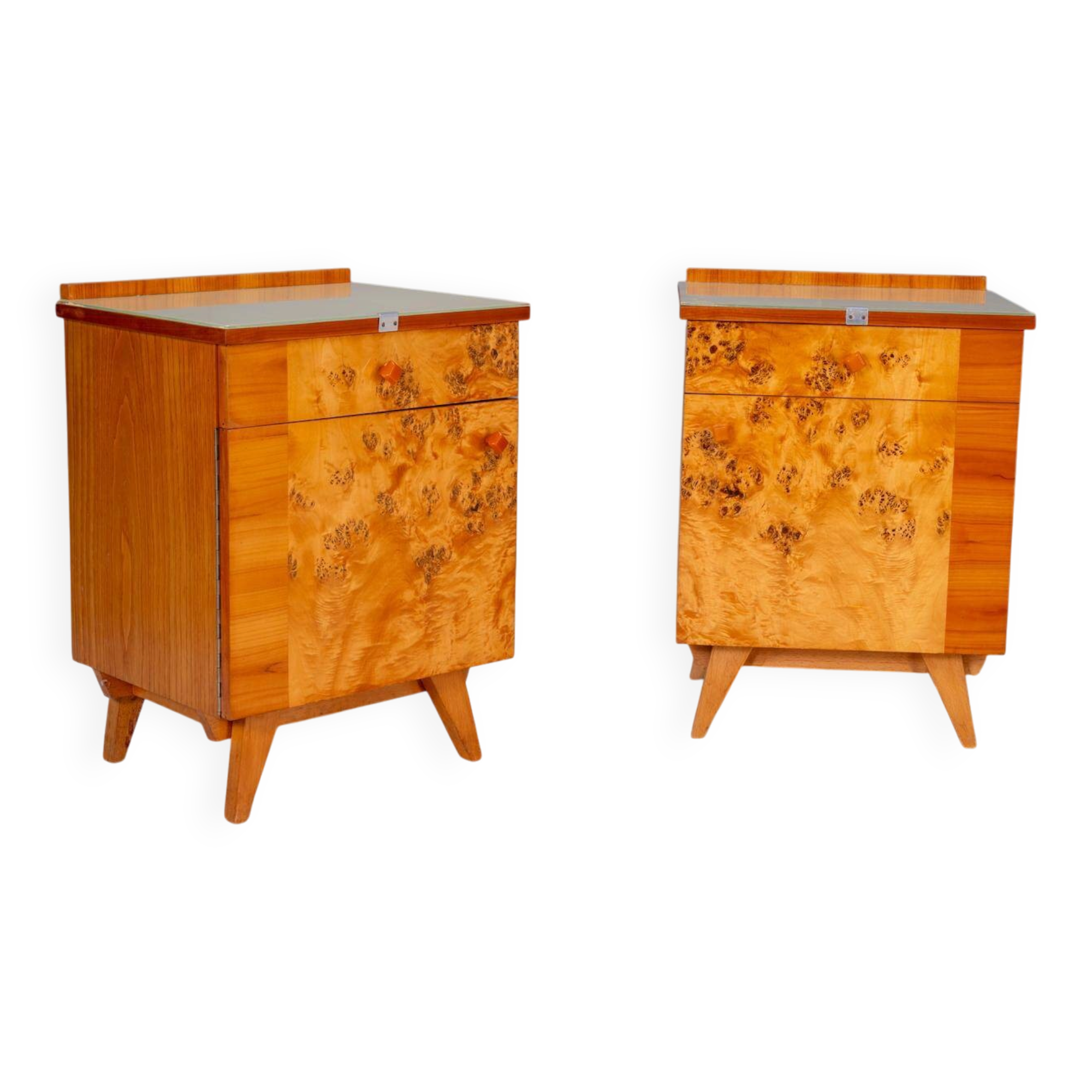 Pair of vintage Czechoslovak bedside cabinets with burl veneer, mid-century modern, 45 × 34 × 45 cm