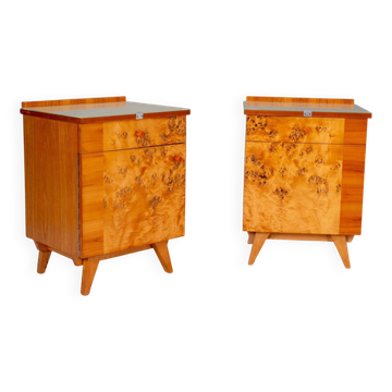 Pair of vintage Czechoslovak bedside cabinets with burl veneer, mid-century modern, 45 × 34 × 45 cm