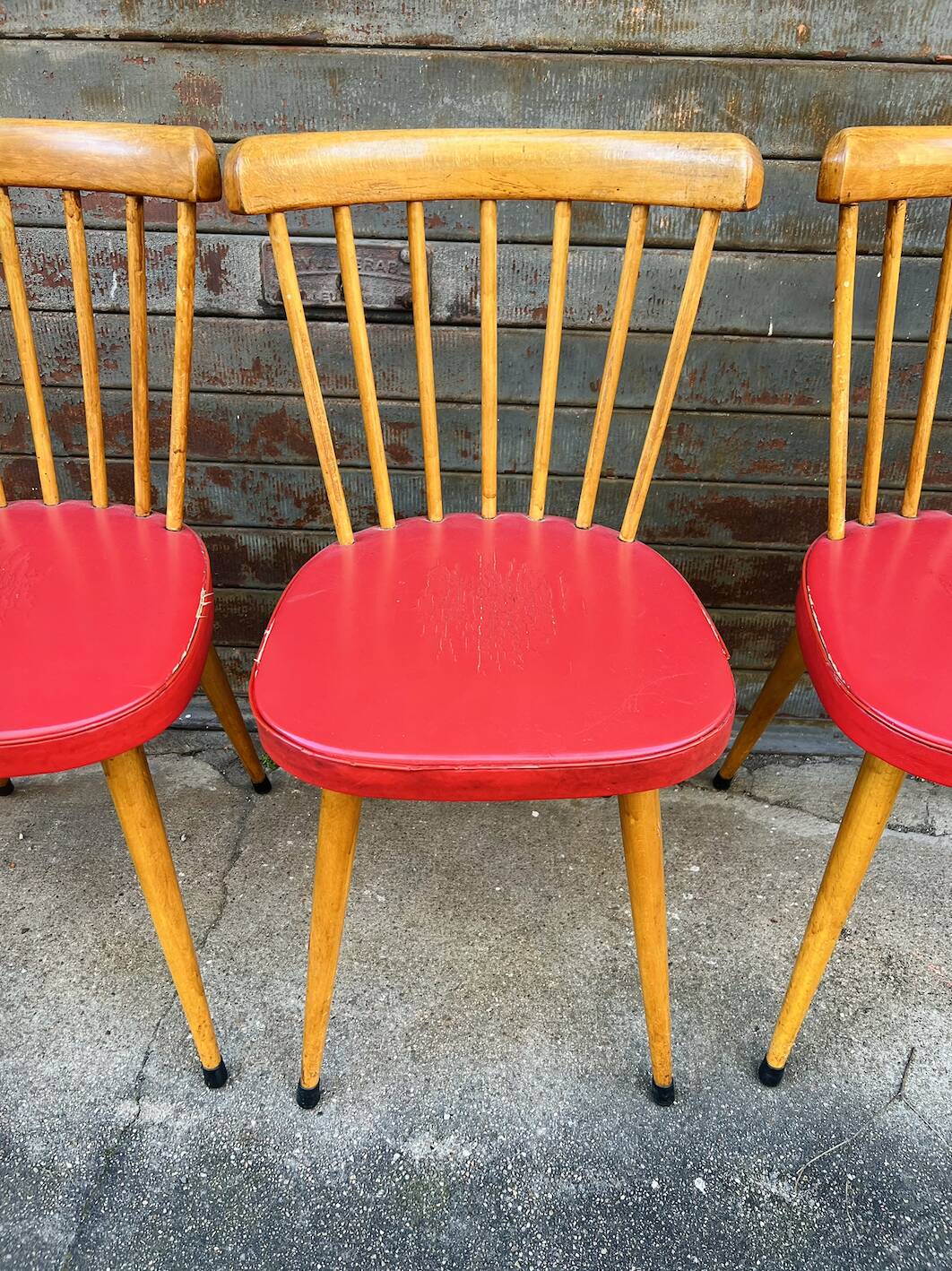 (Lot) 4 Baumann Chairs Compass Legs Vintage Red