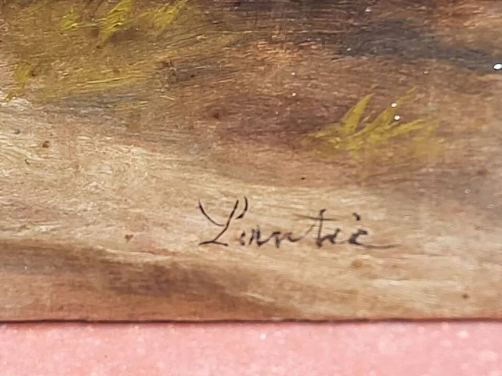 Antique Painting Signed and Dated Animated Landscape Oil Painting on Wood Panel