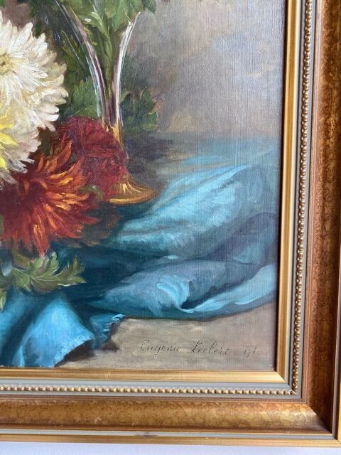 Ancient painting, dead nature with dahlias, signed, dated, late 19th century