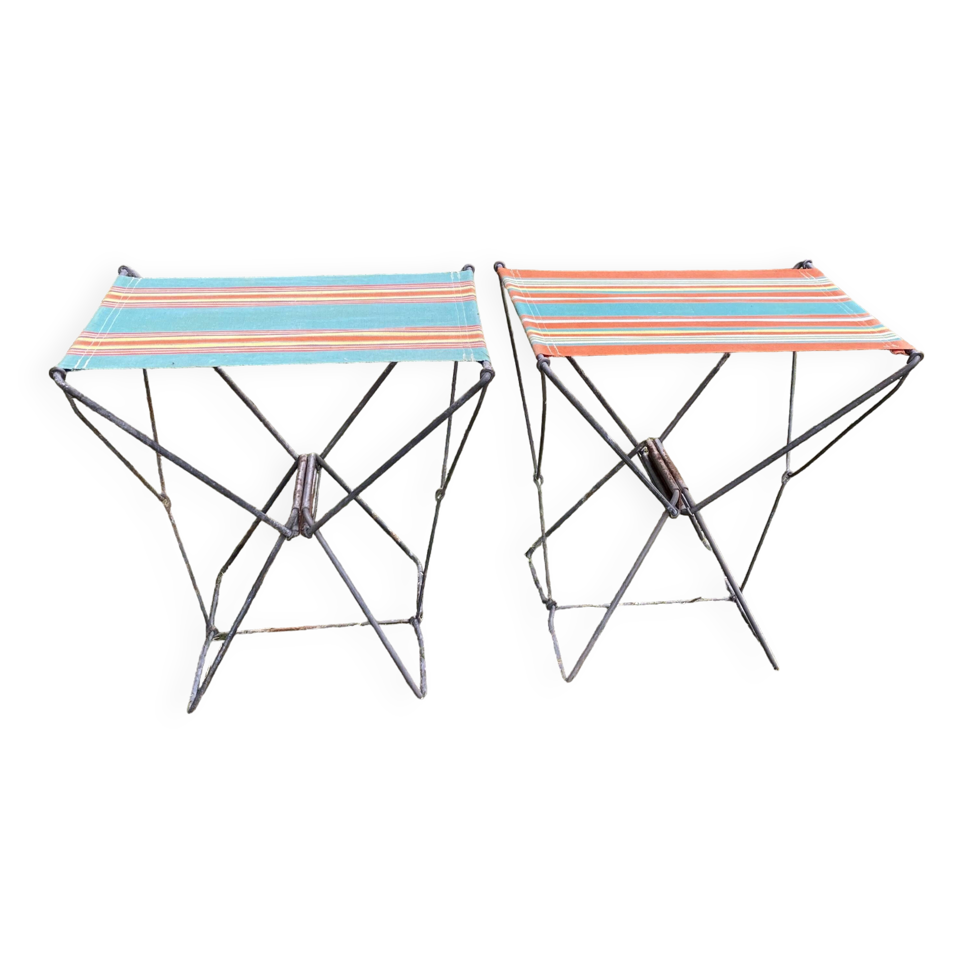 Vintage camping folding stool, striped canvas