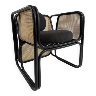 Cubic armchair in black rattan and canework