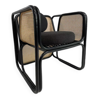 Fauteuil cubique en rotin noir et cannage