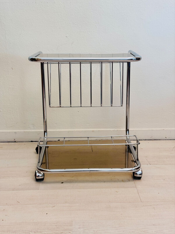 Chariot de bar vintage en cadre de tube chromé avec verre fumé des années 70
