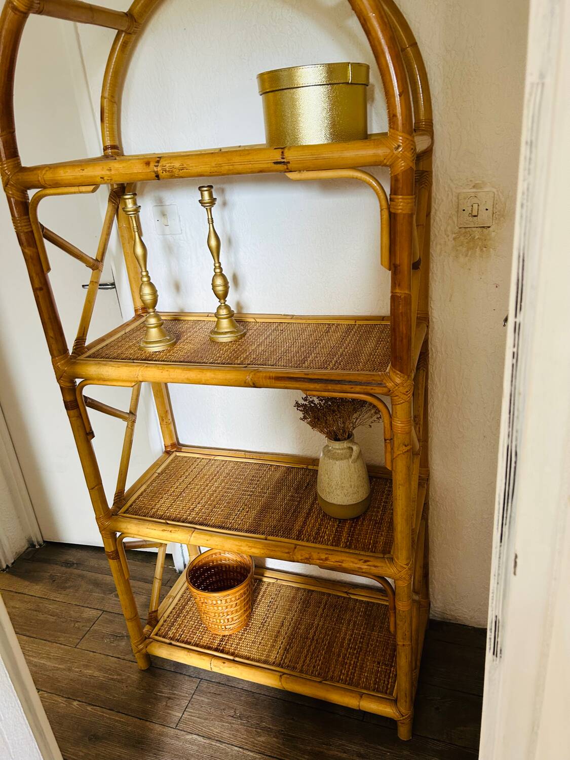 Vintage bamboo rattan shelf bookcase