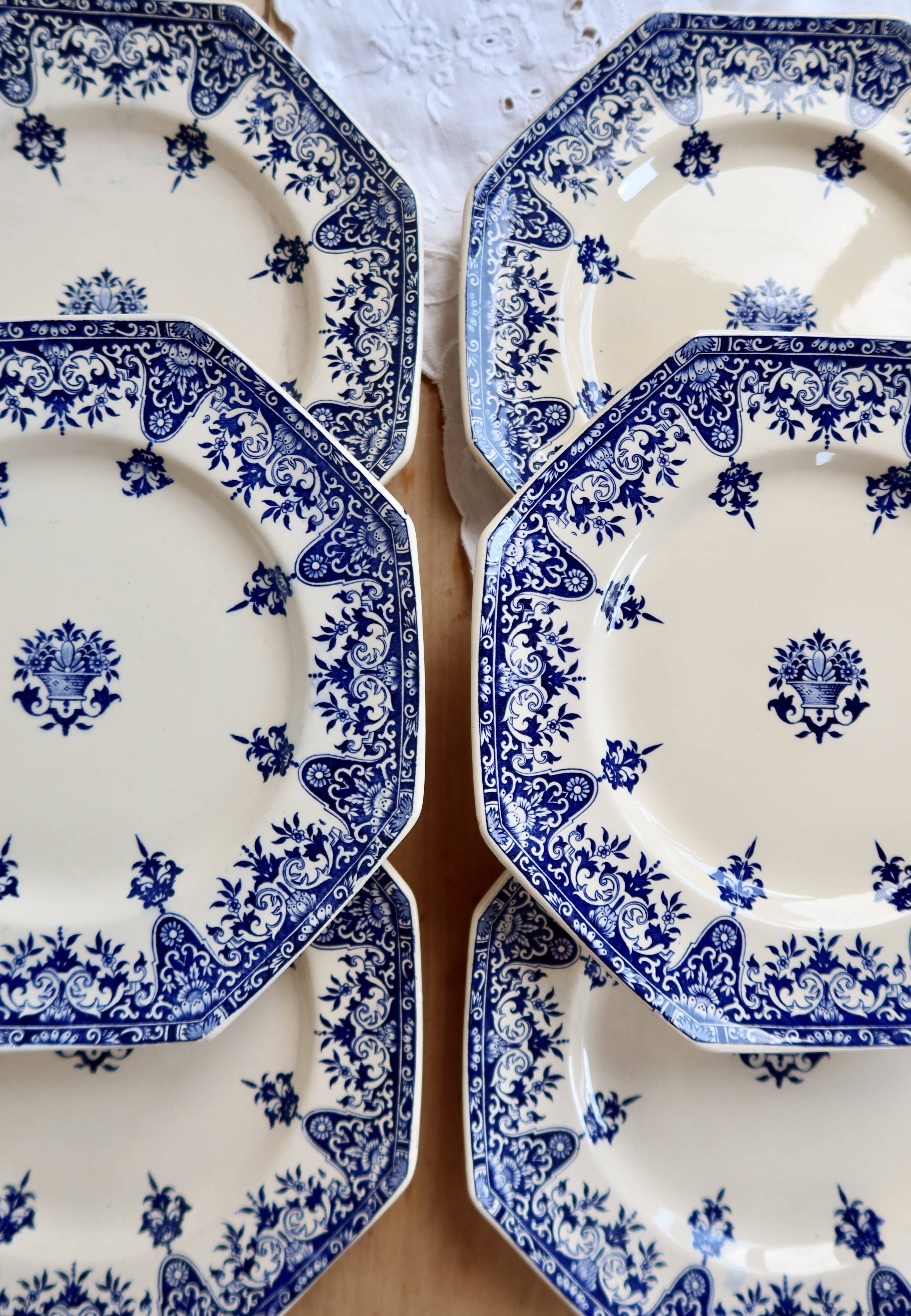 6 flat plates made of ironstone Longchamp model Rouen 19th century