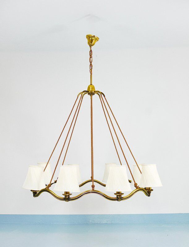 Large Viennese Modernism curved brass wave chandelier by Hugo Gorge, 1940s