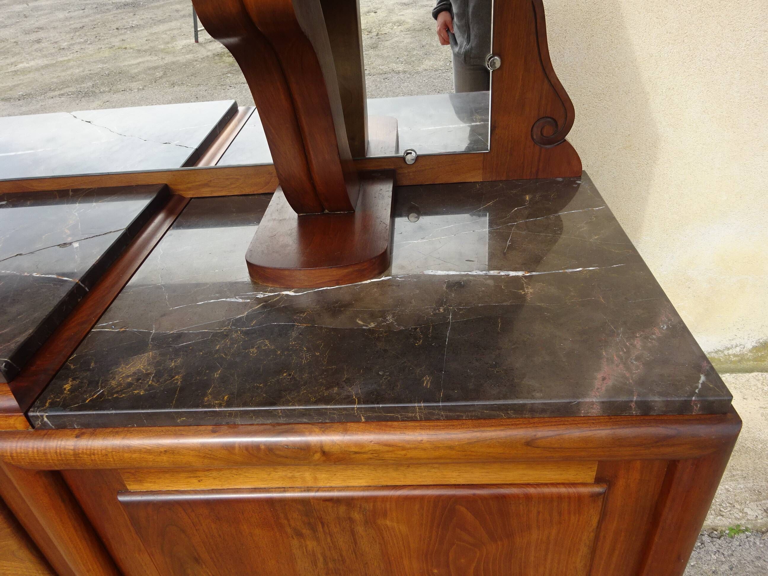 Large buffet with 2 bodies in walnut and marble