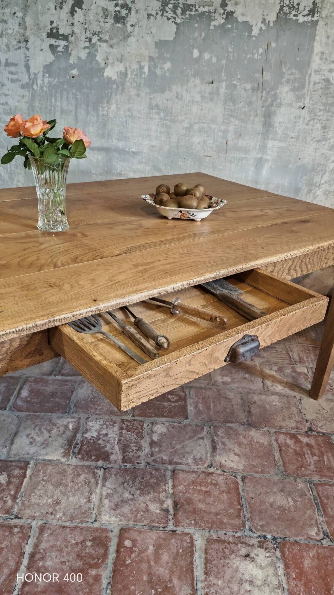 Large authentic farmhouse table made of solid French oak.