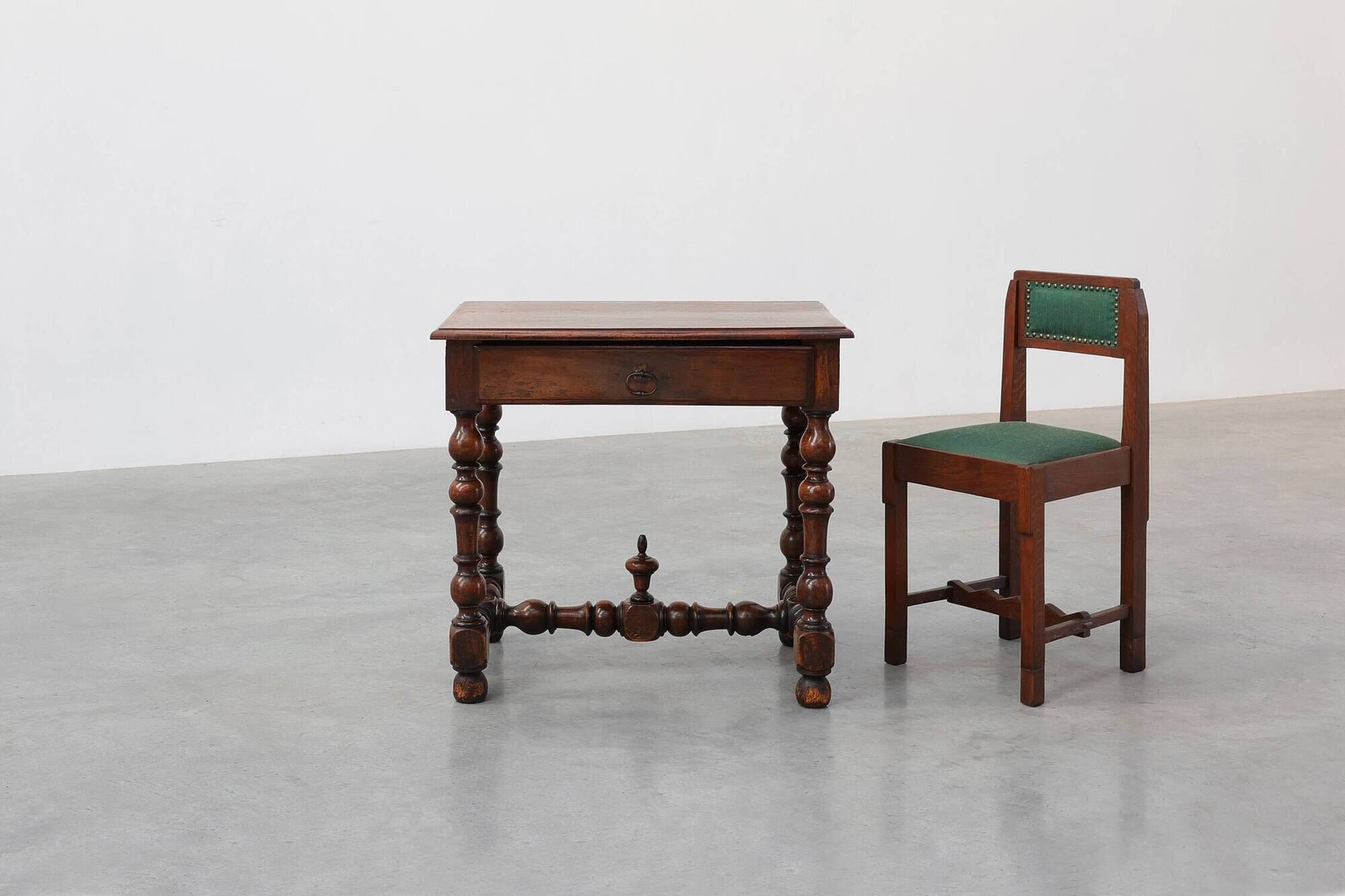 French Louis XIII Walnut Side Table with Drawer and Turned Legs, circa 1850
