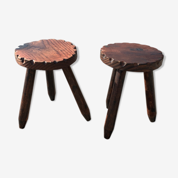 Pair of brutalist wooden tripod stools