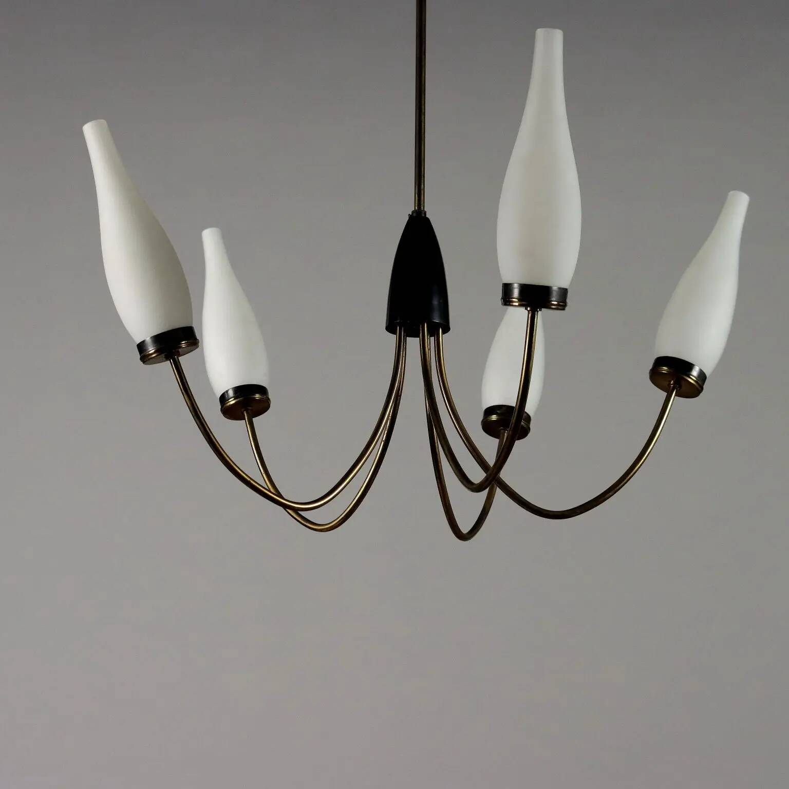 Vintage lamp from the 1950s-60s in aluminium, brass, and opal glass.