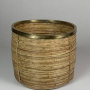 Set of 5 rattan pencil reed and brass plant holder baskets, Italy 1970s