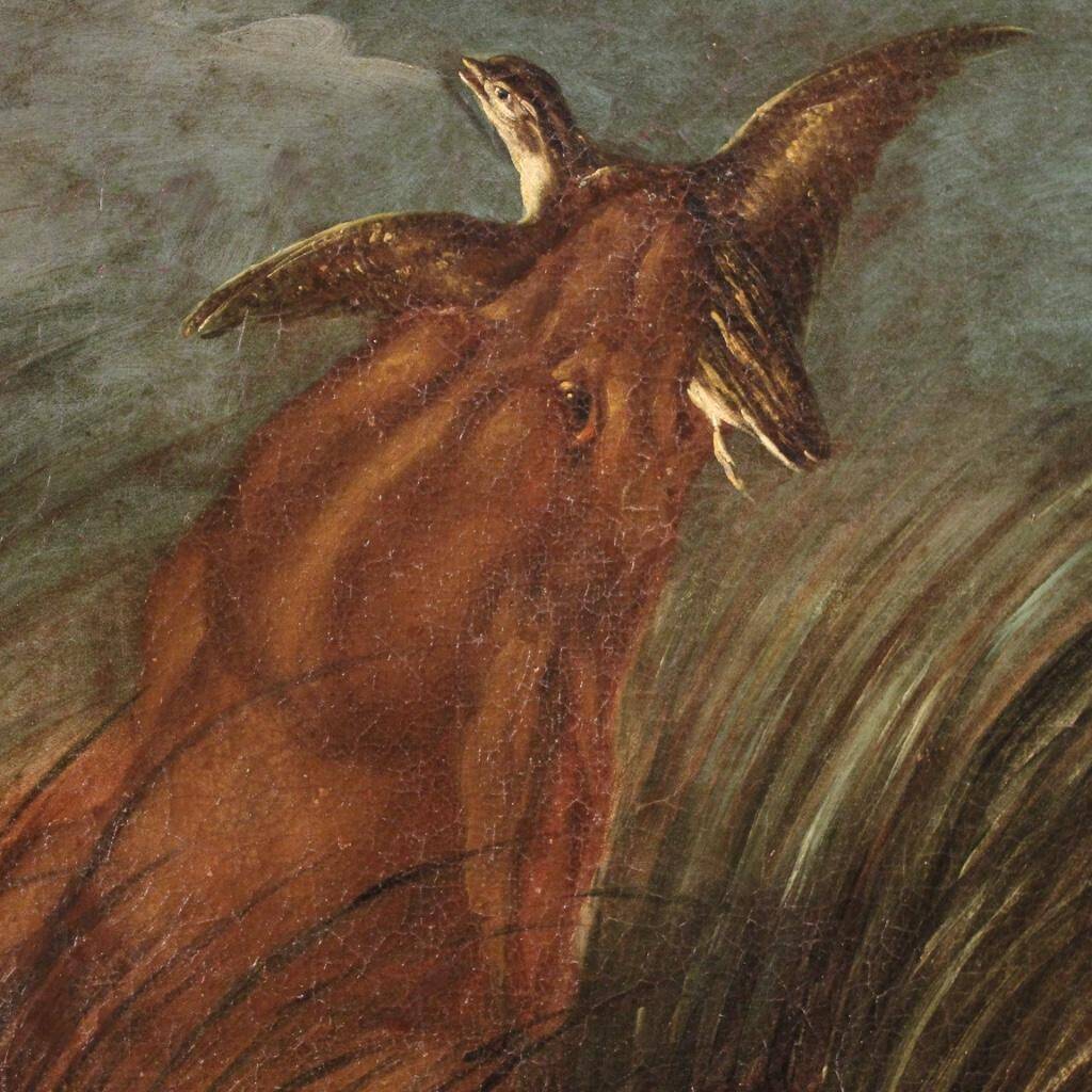 Peinture antique française paysage avec chien