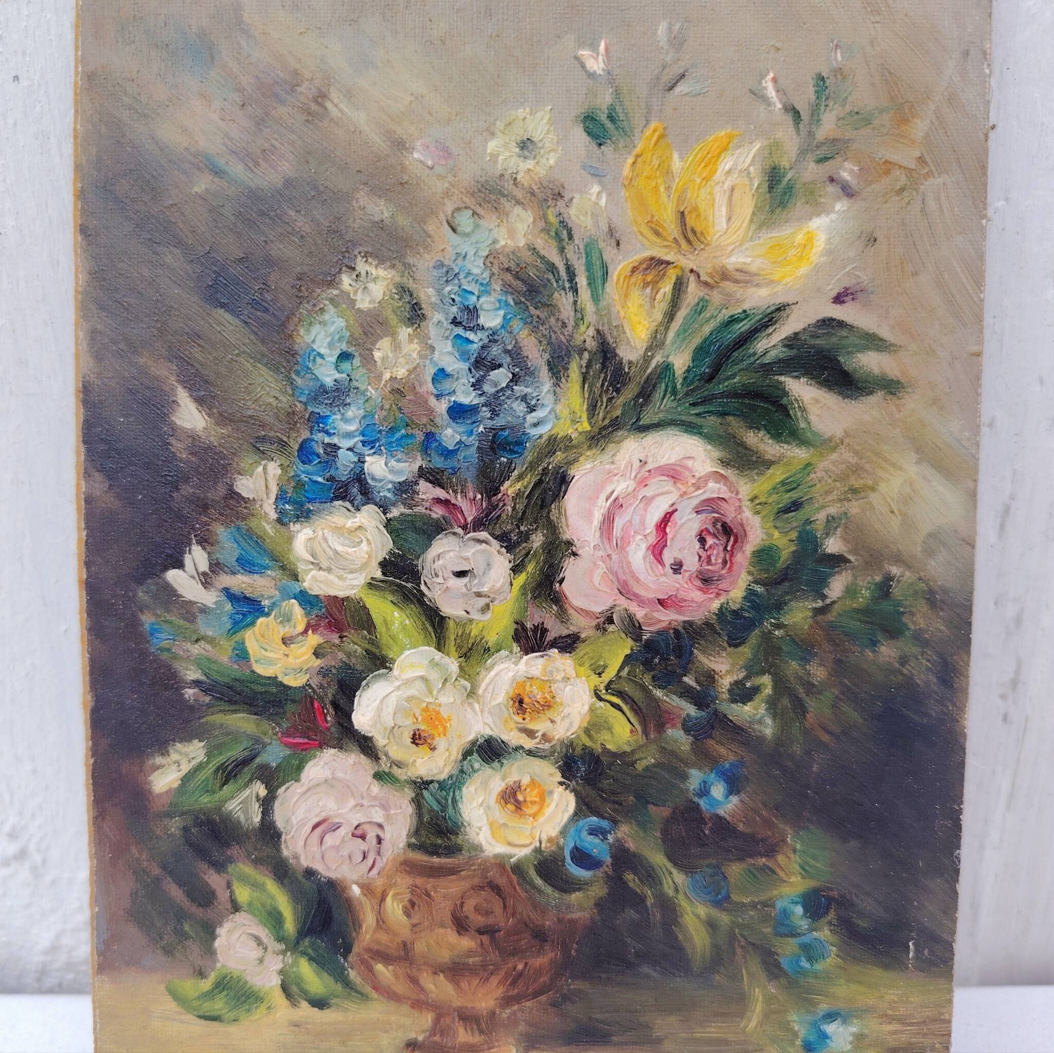 Oil on panel, bouquet of flowers, Pinot Vialet
