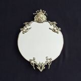 Round Mirror With Ribbon Crest And Portrait Of Lady In Golden Metal