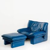 Vintage blue leather armchair and pouf by Nicoletti Salotti - Italy 80s