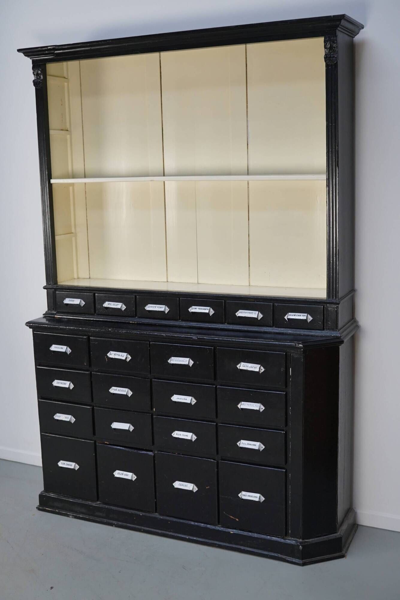 Large pair of antique apothecary cabinets painted black, Eastern Europe, 1910s