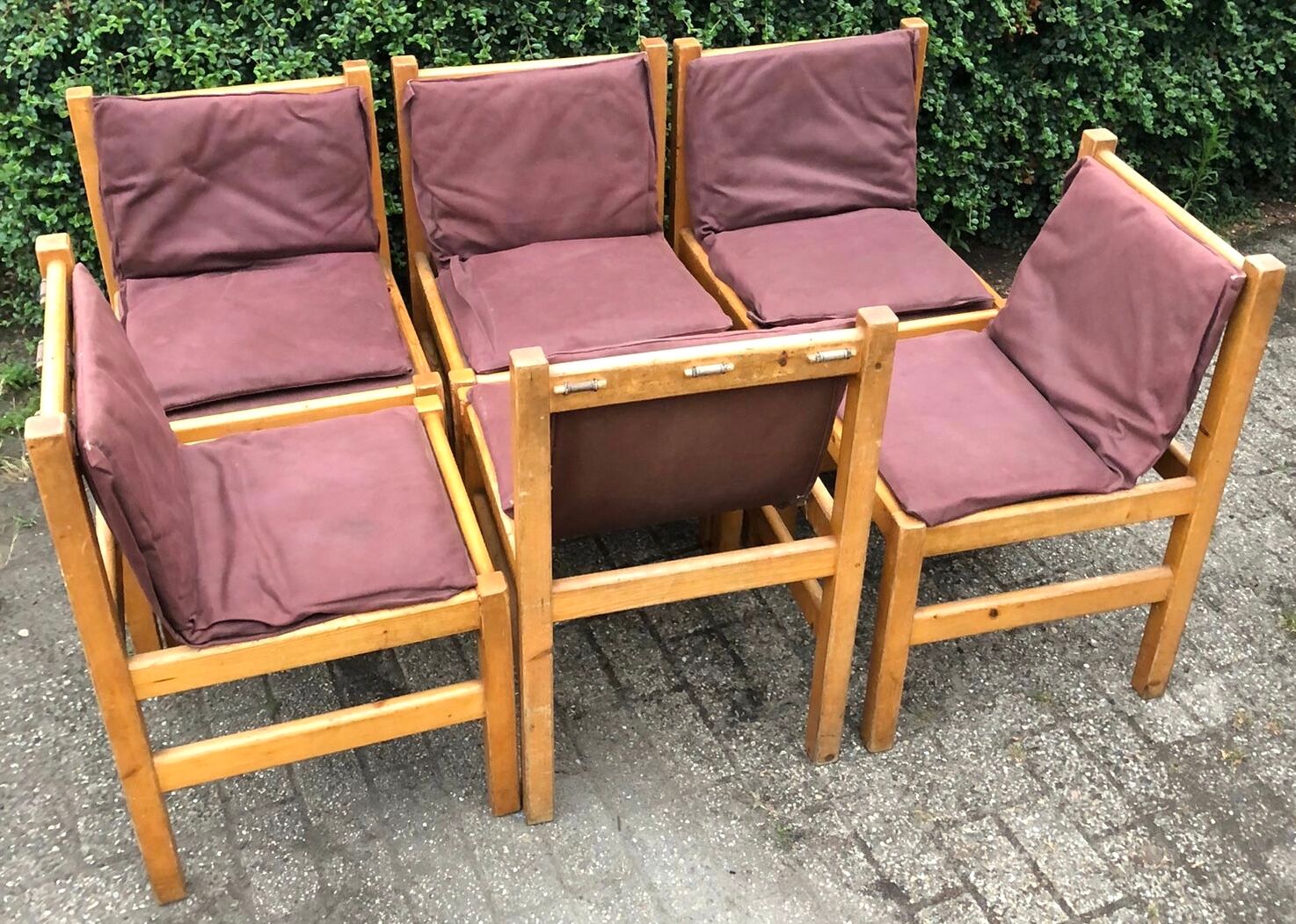 Set of 6 pine dining chairs sling seats canvas upholstery