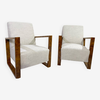 Paire de Fauteuils Art Déco, Tissu et Noyer, Rembourrage Neuf