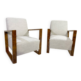 Paire de Fauteuils Art Déco, Tissu et Noyer, Rembourrage Neuf