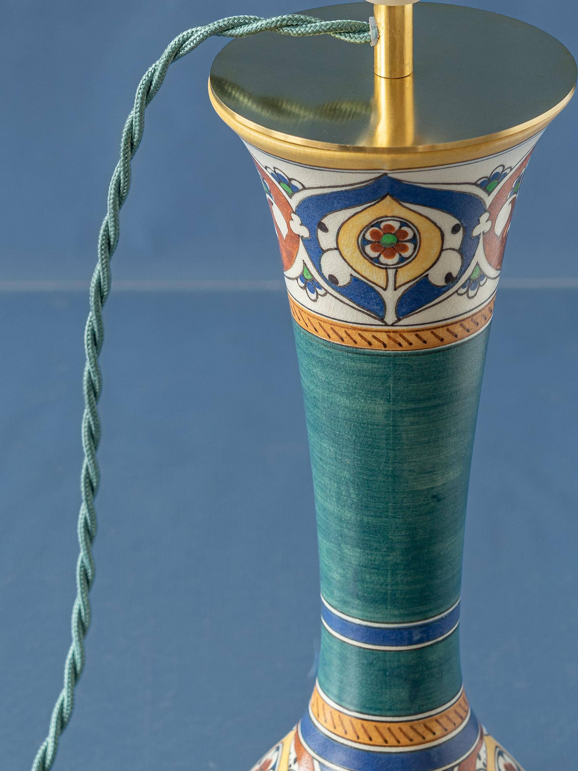 Pair of hand-painted ceramic table lamps in Dutch Art Nouveau–Art Deco style, 1910–1917.
