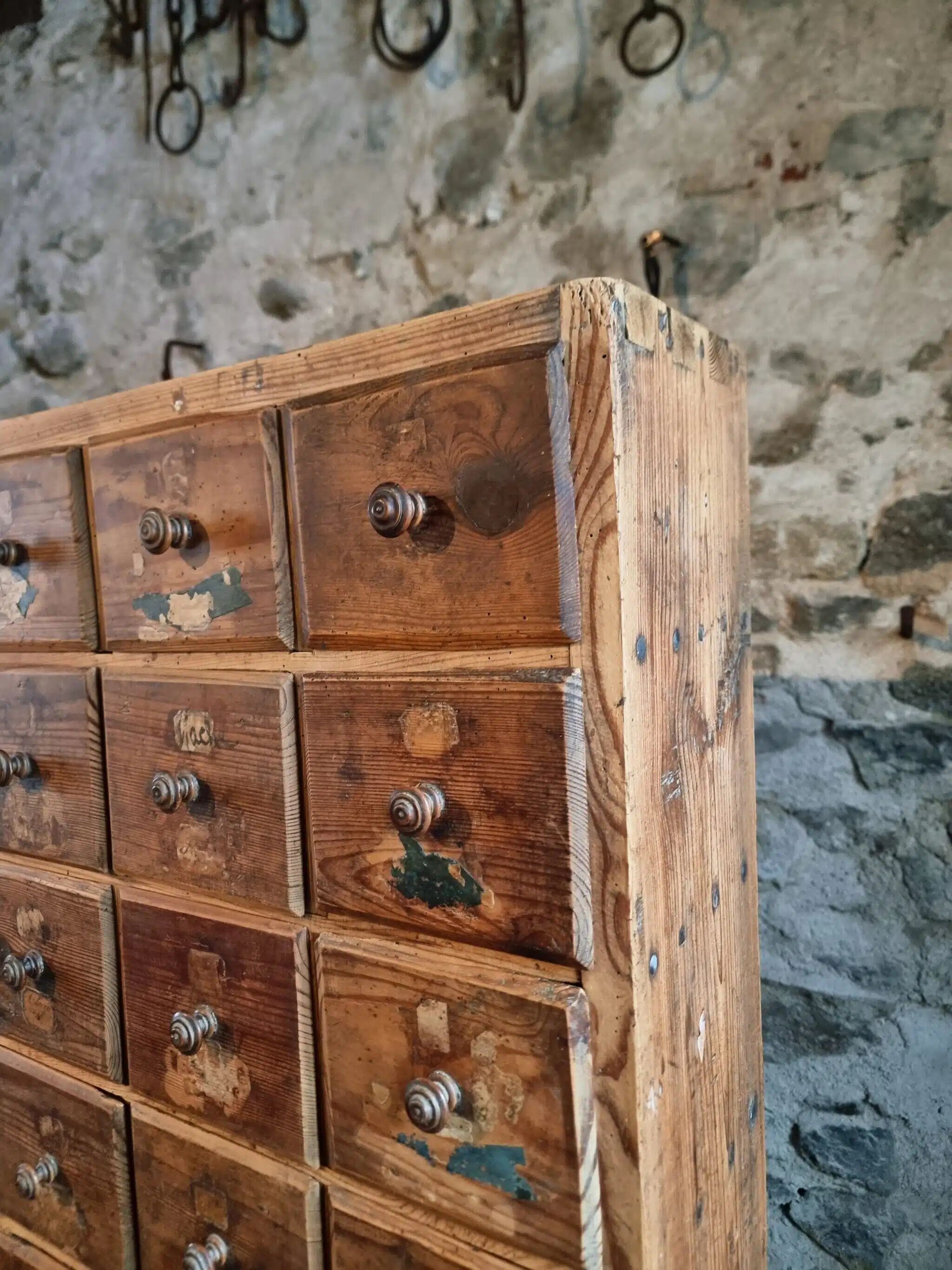 Antique pine drawer cabinet with 50 drawers, apothecary or hardware, 19th century