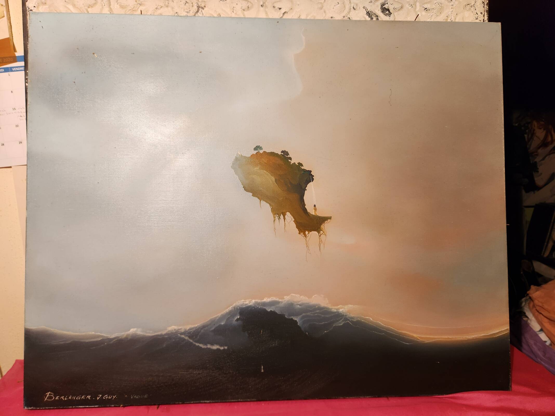 Grand tableau huile sur toile onirique signé Jean Guy Berlanger titre Vague