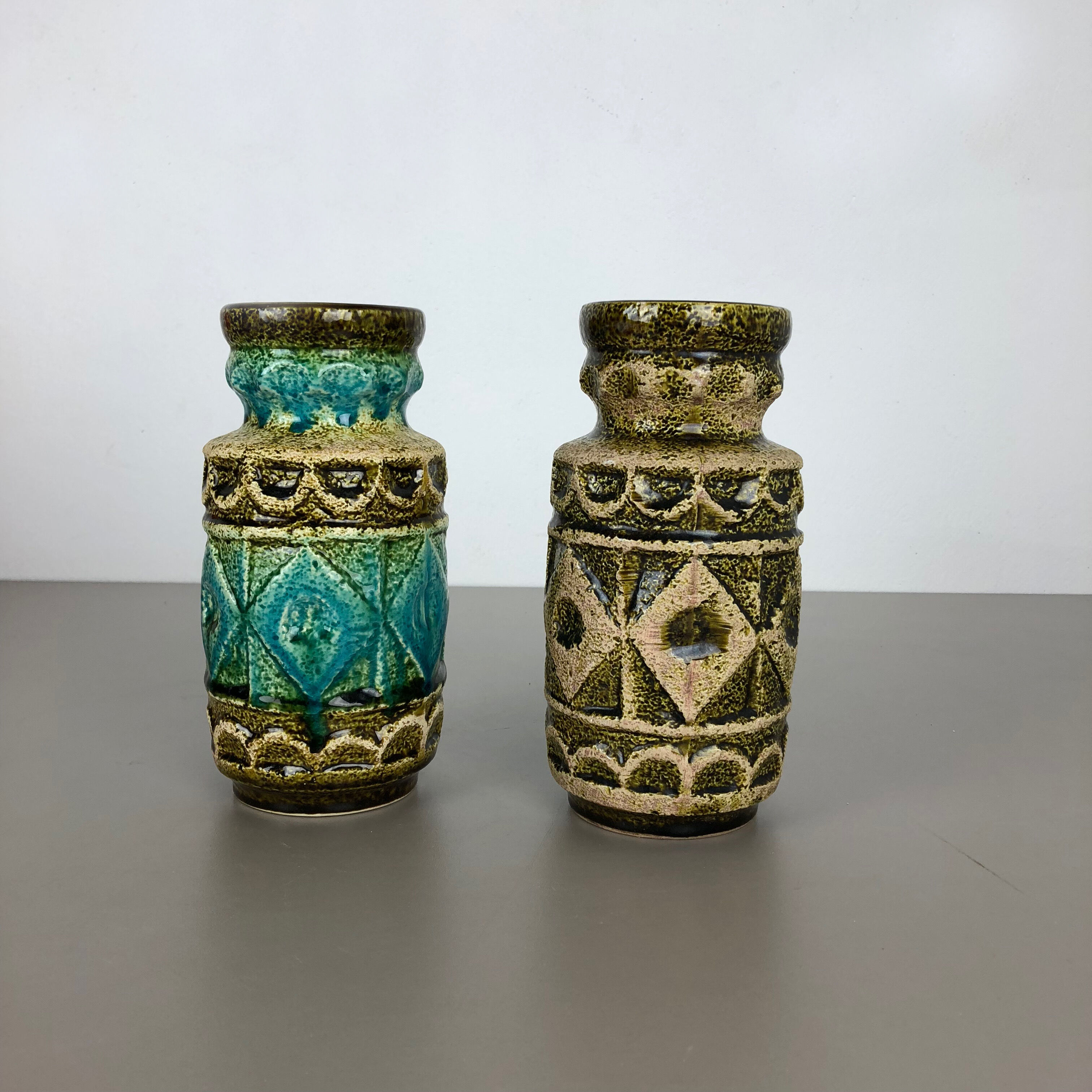 Set of 2 Multi-Color Op Art Pottery Floor Vase by Bay Ceramics, Germany, 1960s