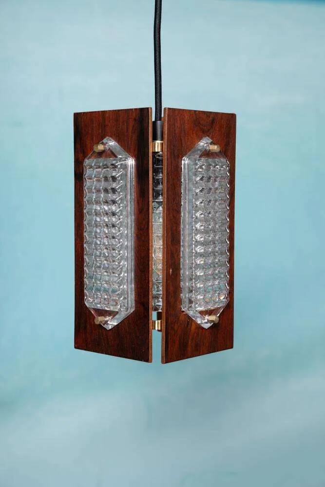 Vintage wooden and glass suspension Flygsfors Facette, glass lamp.