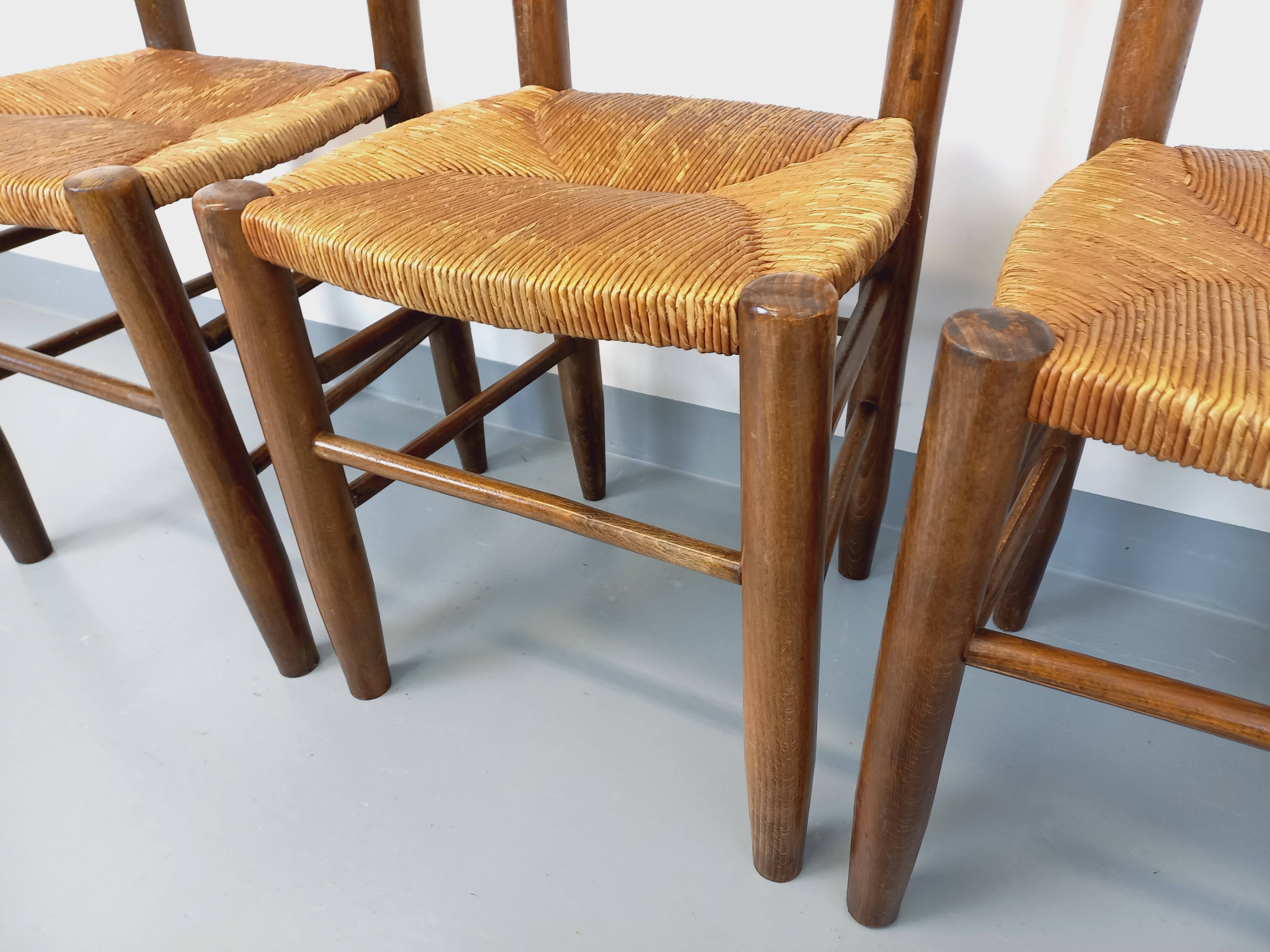 Set of 4 vintage brutalist chairs in wood and straw from the 60s